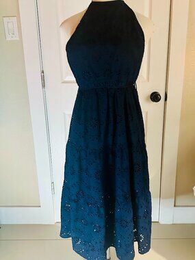 NWT Time and Tru Dark Navy Eyelet Halter Midi Dress XS 0-2